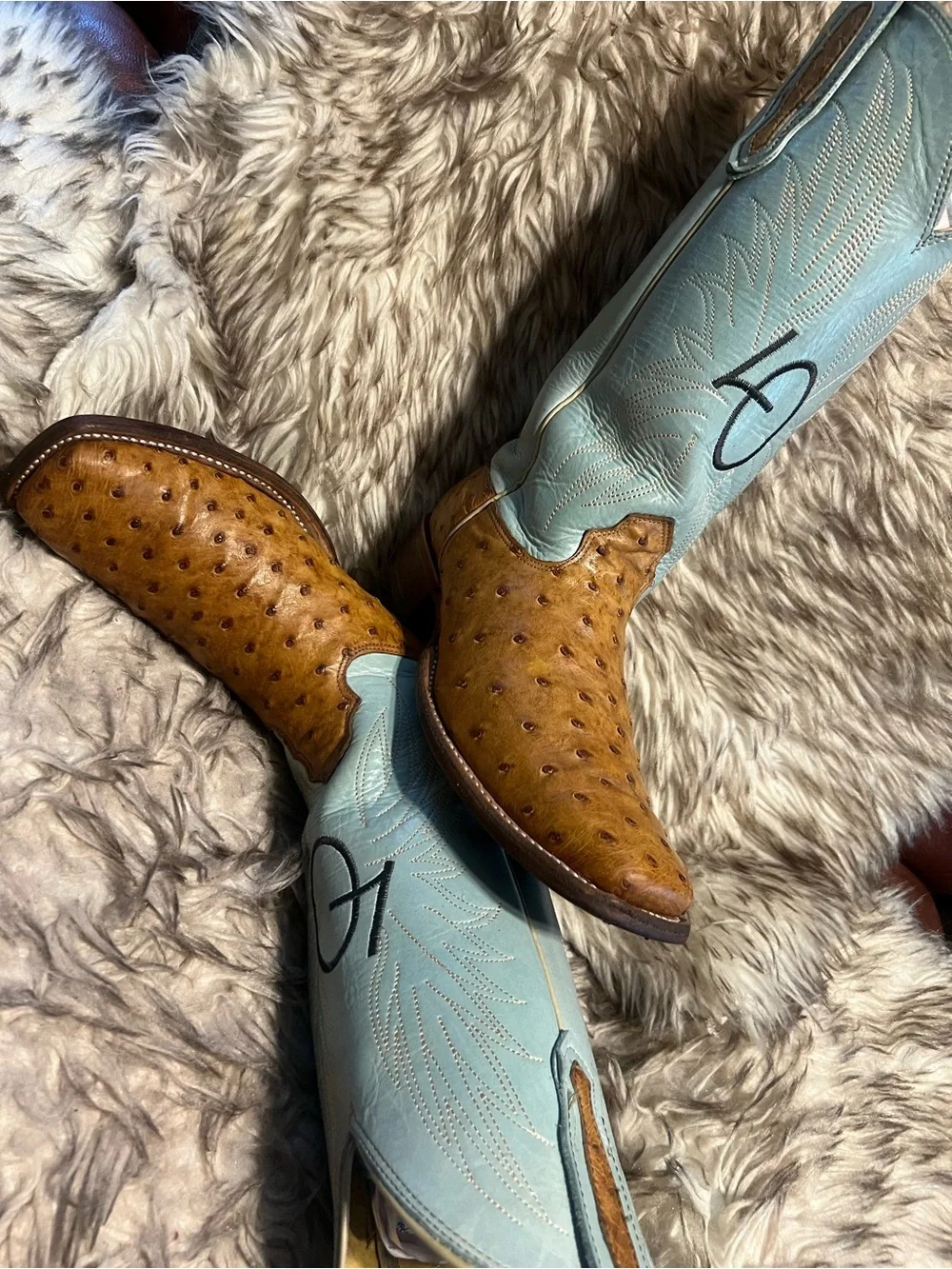 JM Collection Tan Ostrich Leather Western Boots with Light Blue Shaft Sz 8 D